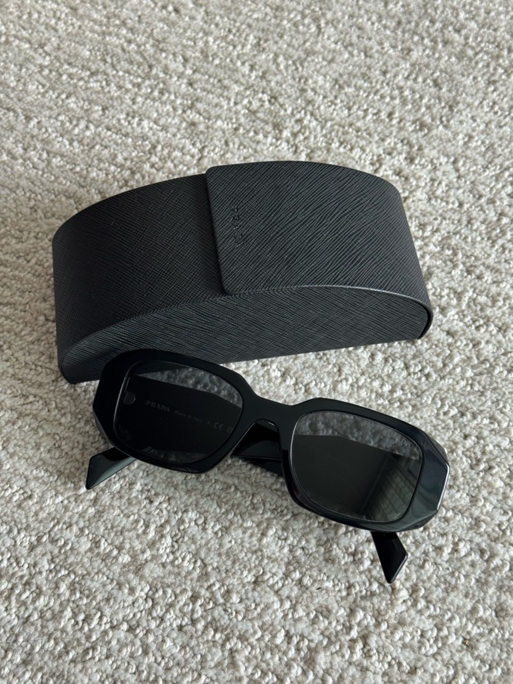 Prada Black Rectangular Sunglasses with Textured Black Case